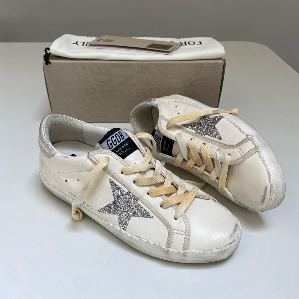 Golden Goose Superstar Sneaker in White Leather/Silver/Glitter Sz 40 New in Box - Picture 10 of 15